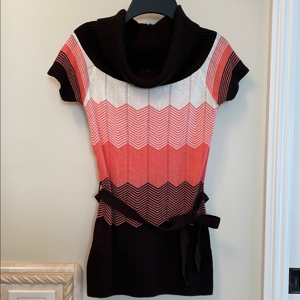BCX Cowl Neck Chevron-Striped Sweater in Brown, Coral Pink, and White, Junior XS